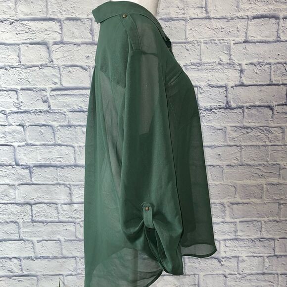 METAPHOR hunter Green Sheer Tab Sleeve Button Front Blouse - Picture 4 of 13